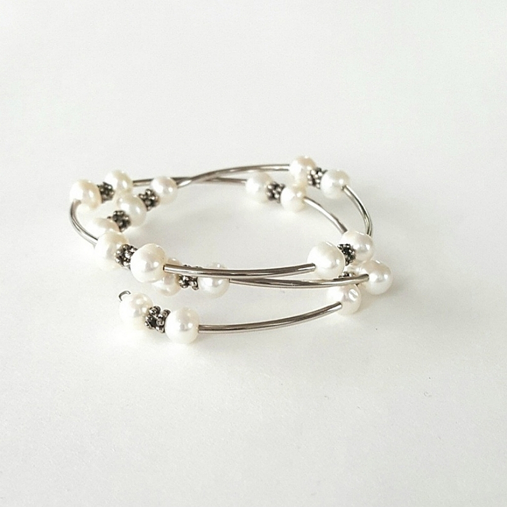 Pearls Bracelet Memory Wire Coil Wrap Freshwater Pearls Silver Details